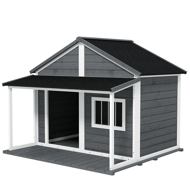 PawHut Hundehütte Outdoor-Hundehütte inkl. Veranda, wetterbeständig, 124 x 112 x 105 cm, Grau + Weiß, D02-100V01GY