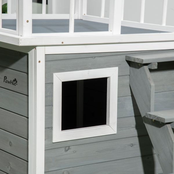 PawHut Hundehütte Hundehaus mit Balkon Erhöhtes Kleintierhaus mit Treppe Fenster, D02-145V00LG