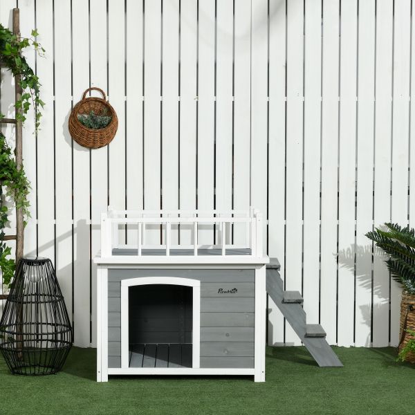 PawHut Hundehütte Hundehaus mit Balkon Erhöhtes Kleintierhaus mit Treppe Fenster, D02-145V00LG