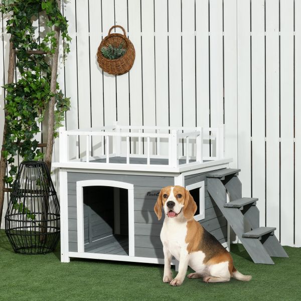 PawHut Hundehütte Hundehaus mit Balkon Erhöhtes Kleintierhaus mit Treppe Fenster, D02-145V00LG