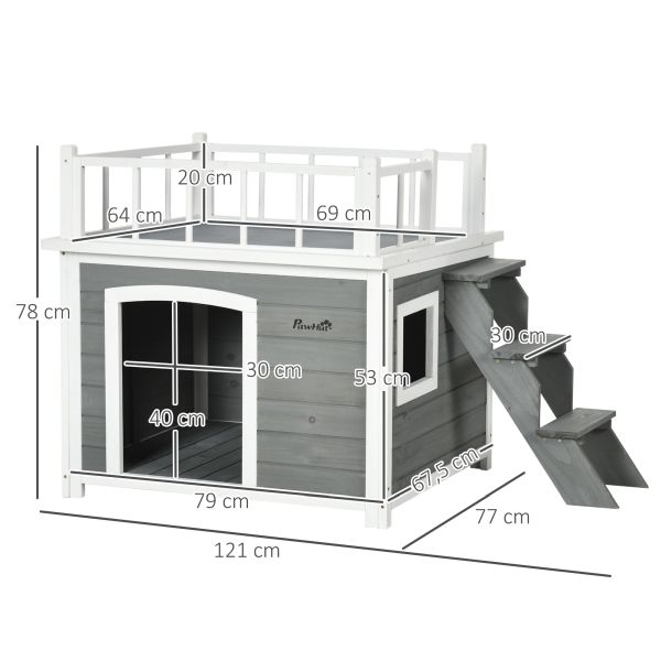 PawHut Hundehütte Hundehaus mit Balkon Erhöhtes Kleintierhaus mit Treppe Fenster, D02-145V00LG
