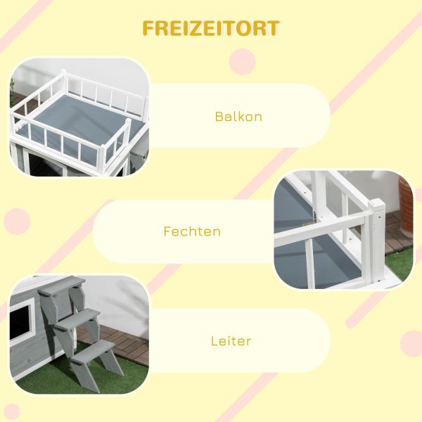 PawHut Hundehütte Hundehaus mit Balkon Erhöhtes Kleintierhaus mit Treppe Fenster, D02-145V00LG