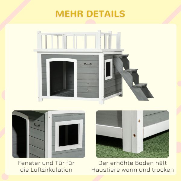 PawHut Hundehütte Hundehaus mit Balkon Erhöhtes Kleintierhaus mit Treppe Fenster, D02-145V00LG