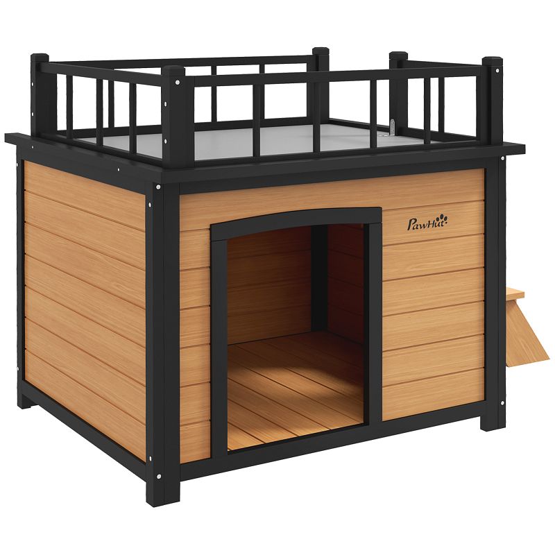 PawHut Hundehütte mit Dachterrasse, wetterfest, Holz, 121x77x78 cm, Schwarz/Gelb, D02-145V00YL